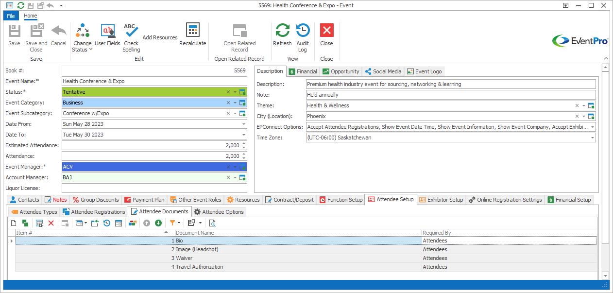 Screenshot of Attendee Documents tab in Edit Event window. 