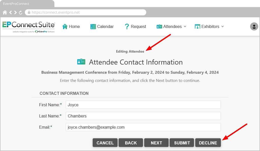 Screenshot of EPConnect Contact Information page in Editing Attendee wizard online. 