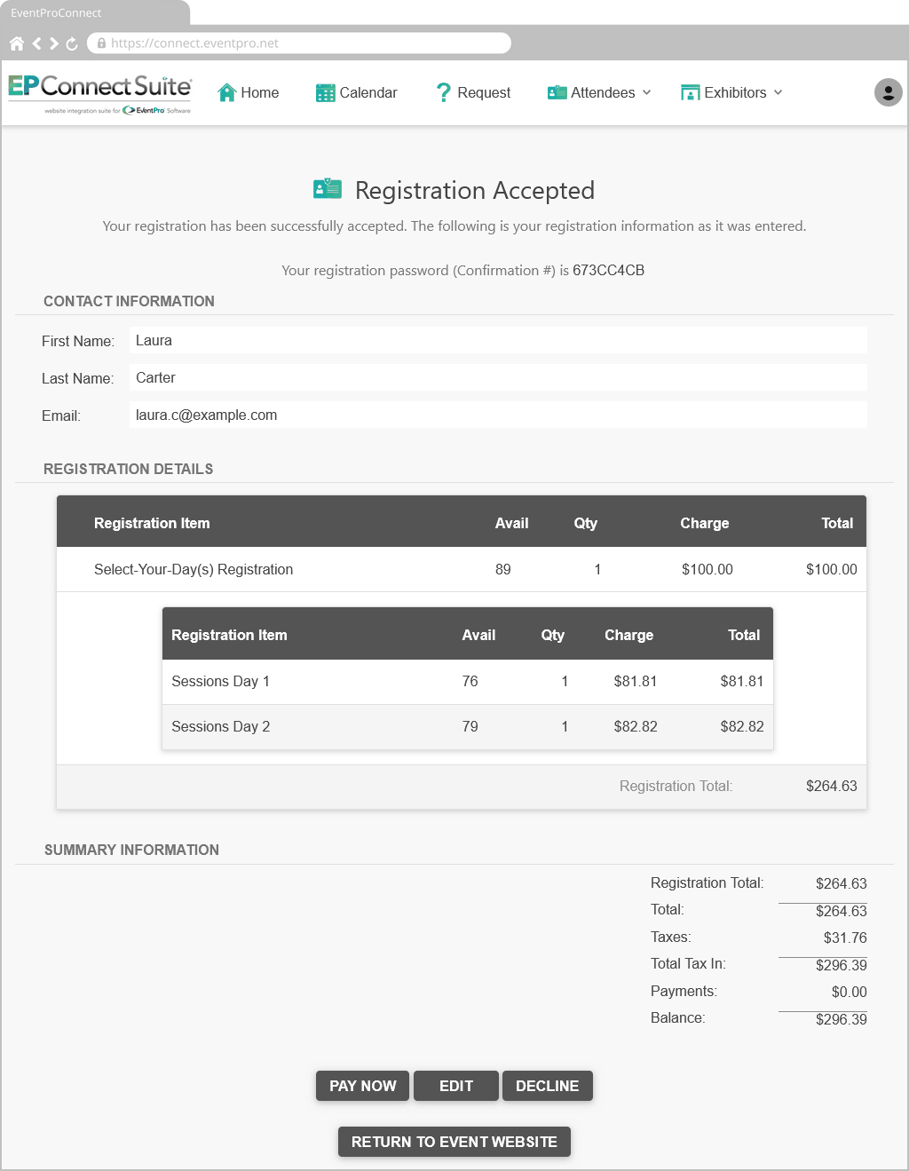 Screenshot of EPConnect Attendee Registration Accepted Success page of Editing Attendee wizard. 
