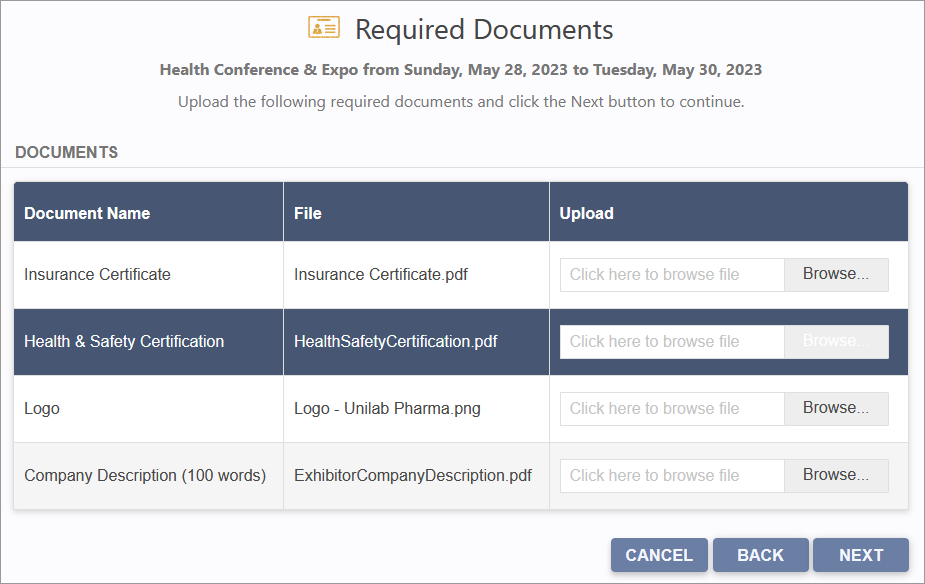 Example of required Exhibitor Documents in online registration wizard. 