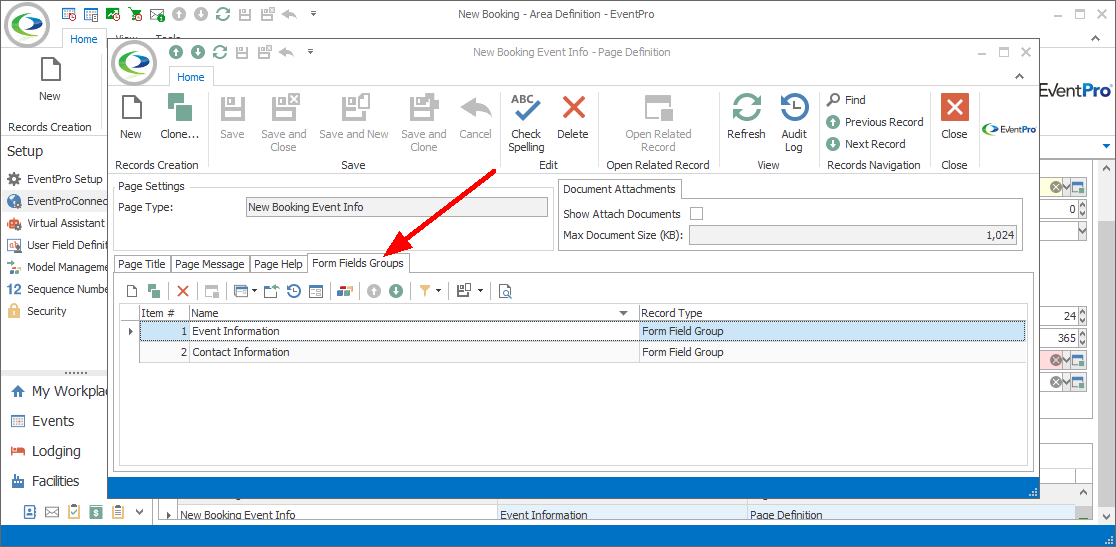 Screenshot of Form Field Groups tab in Page Definition edit form. 
