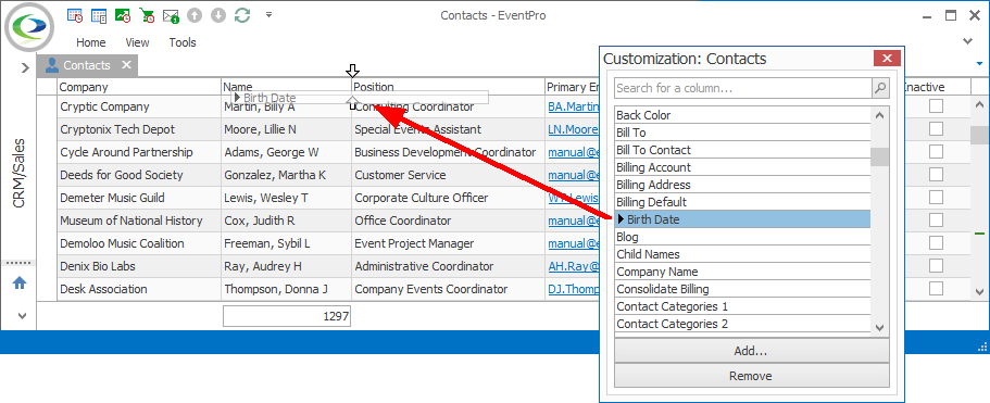 Screenshot of Contacts selection grid, adding column from Customization window. 