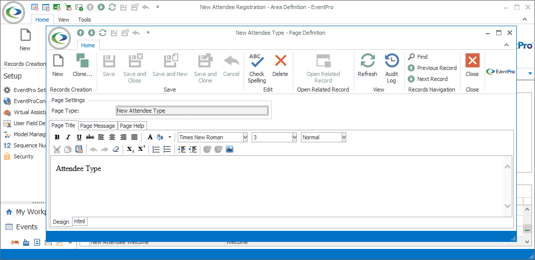 Screenshot of Attendee Type Page Definition from New Attendee Registration Area Definition. 