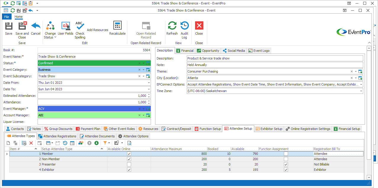Screenshot of Attendee Setup tab in Edit Event window. 