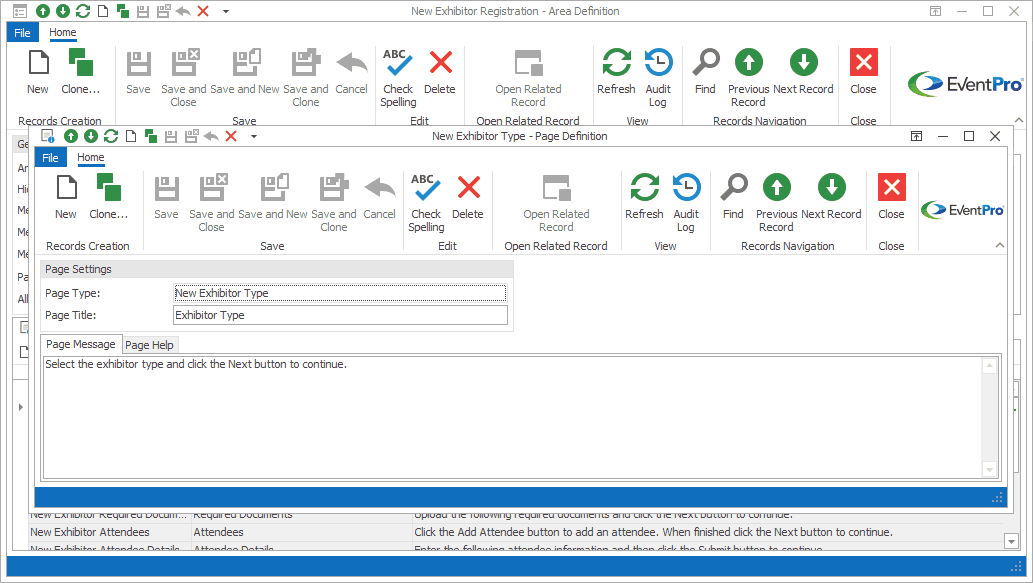Screenshot of Exhibitor Type Page Definition from Exhibitor New Registration Area Definition. 