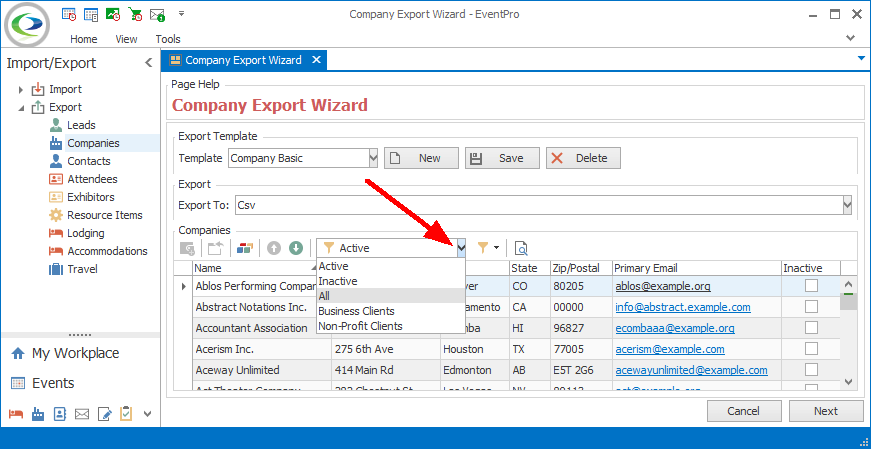 Screenshot of Export Wizard, displaying drop-down Grid Filter. 