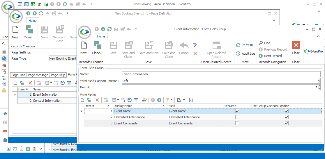 Screenshot of Form Field Group edit form opened from Page Definition edit form. 