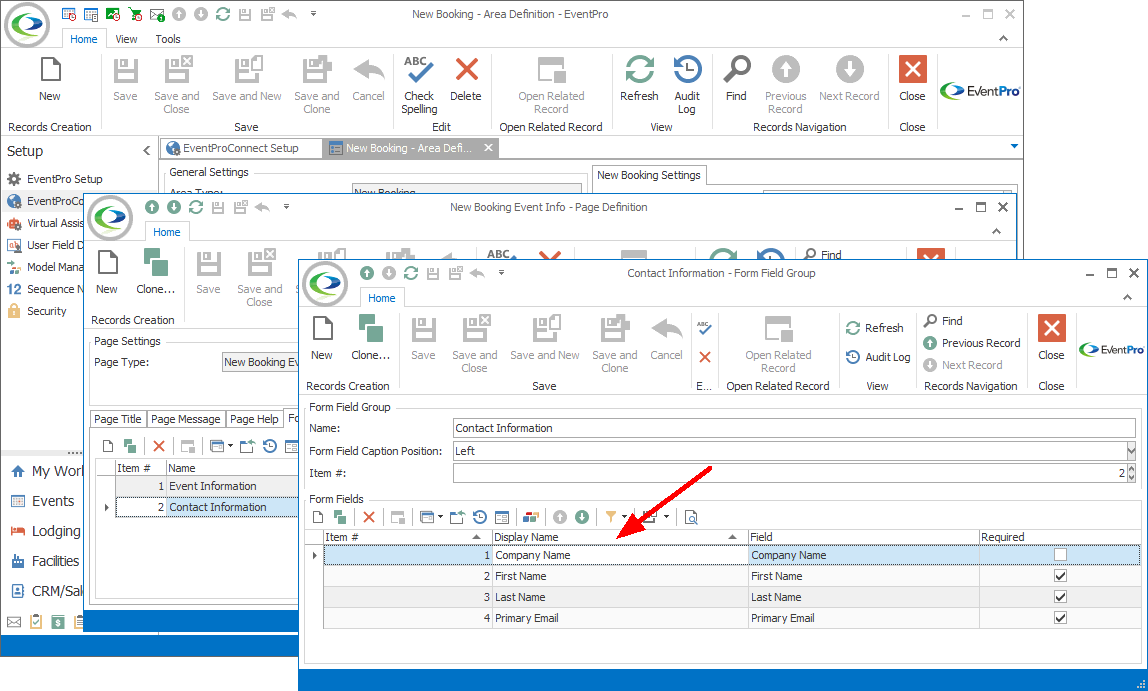 Screenshot of Form Field Group edit form opened from New Booking Event Info Page Definition. 