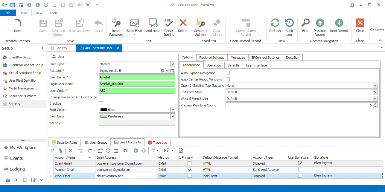 Screenshot of Security User edit form displaying Email Accounts tab. 