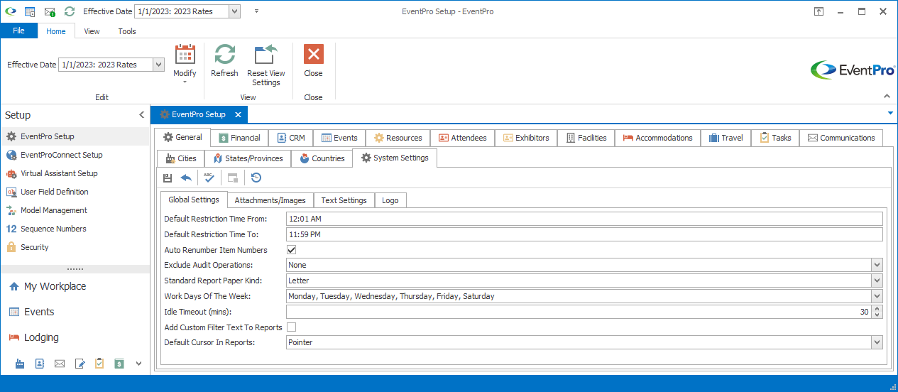 Screenshot of System Settings sub-tab under General tab in Setup