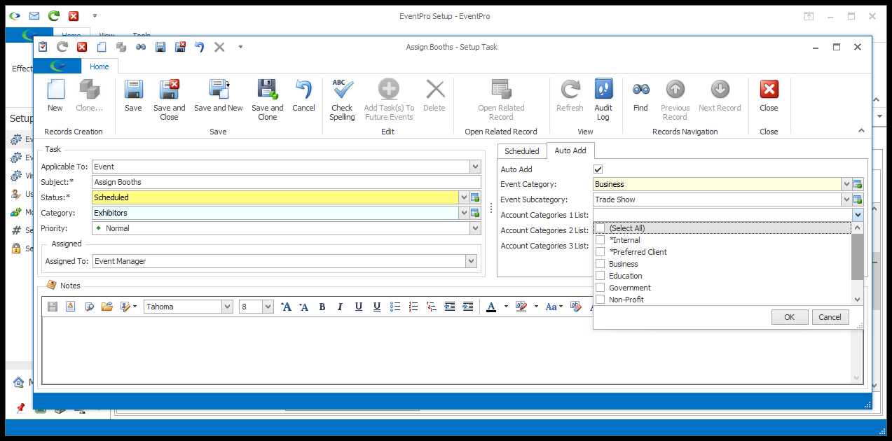 Screenshot of Setup Task edit form, displaying Auto Add Account Category selections. 