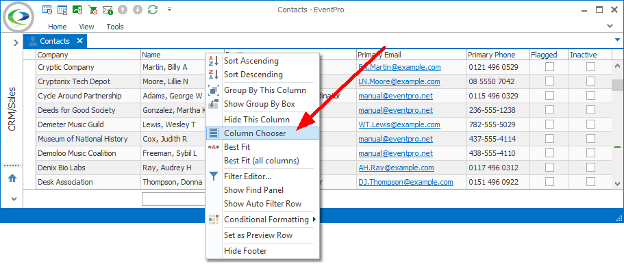 Screenshot of Contacts selection grid with speed menu selecting Column Chooser. 