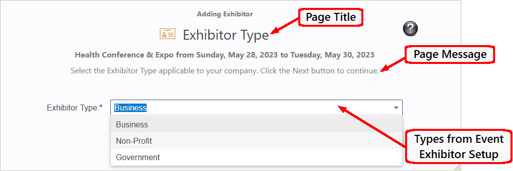 Sample of Exhibitor Type page viewed in online browser. 