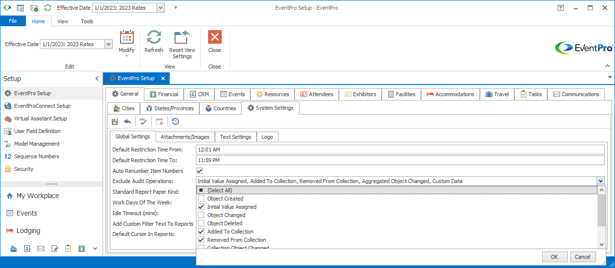 Screenshot of the Exclude Audit Operations drop-down under Global Settings