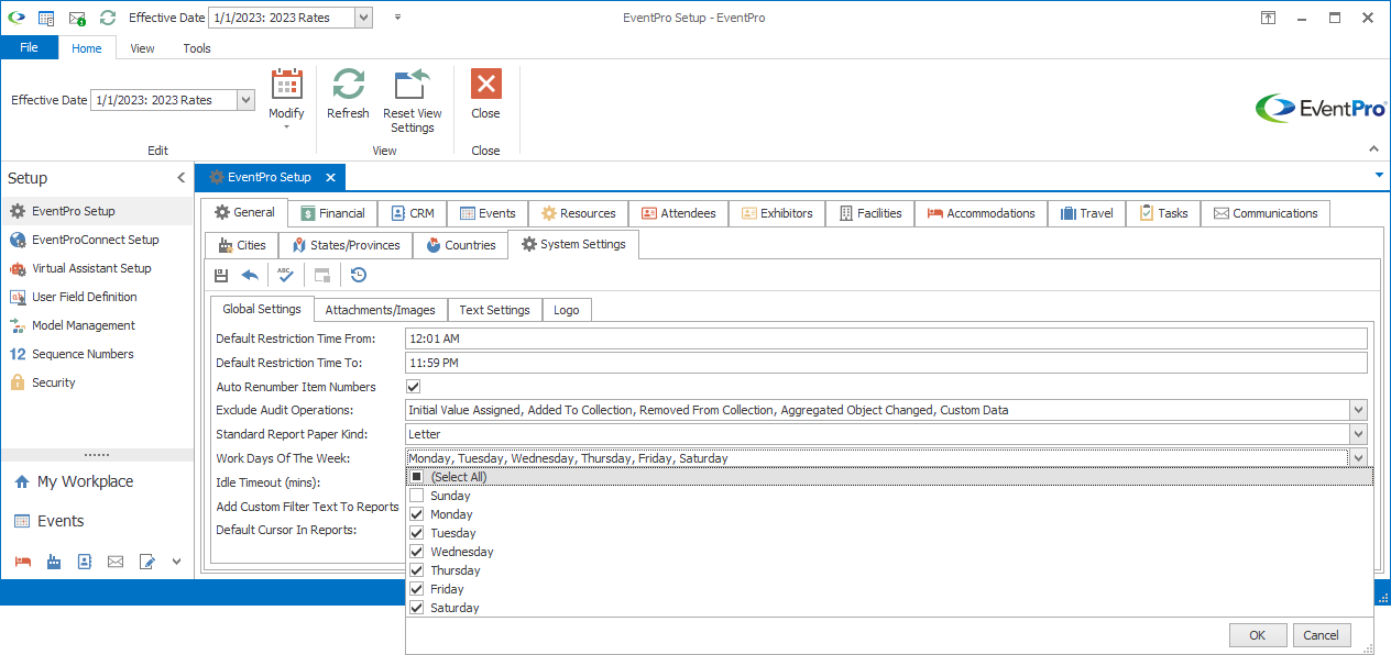 Screenshot of drop-down list for Work Days of the Week system setting