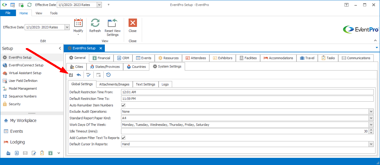 Screenshot of General System Settings sub-tab, pointing to Save button