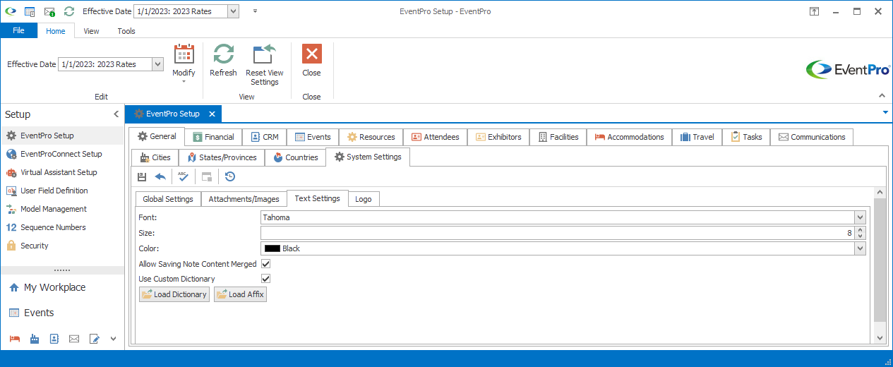Screenshot of Text Settings tab under General System Settings
