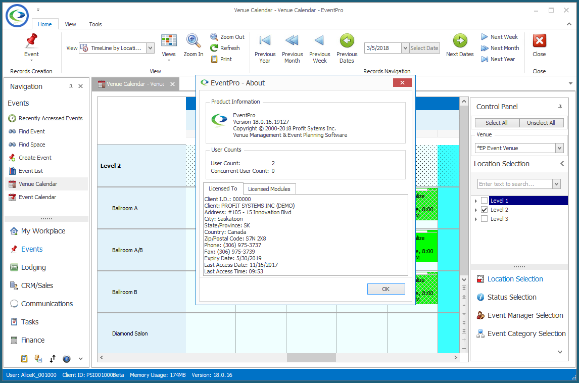 Licensed To tab in the EventPro About dialog