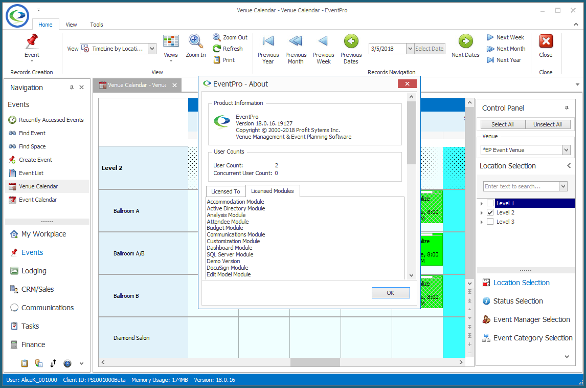 Licensed Modules tab of the EventPro About dialog