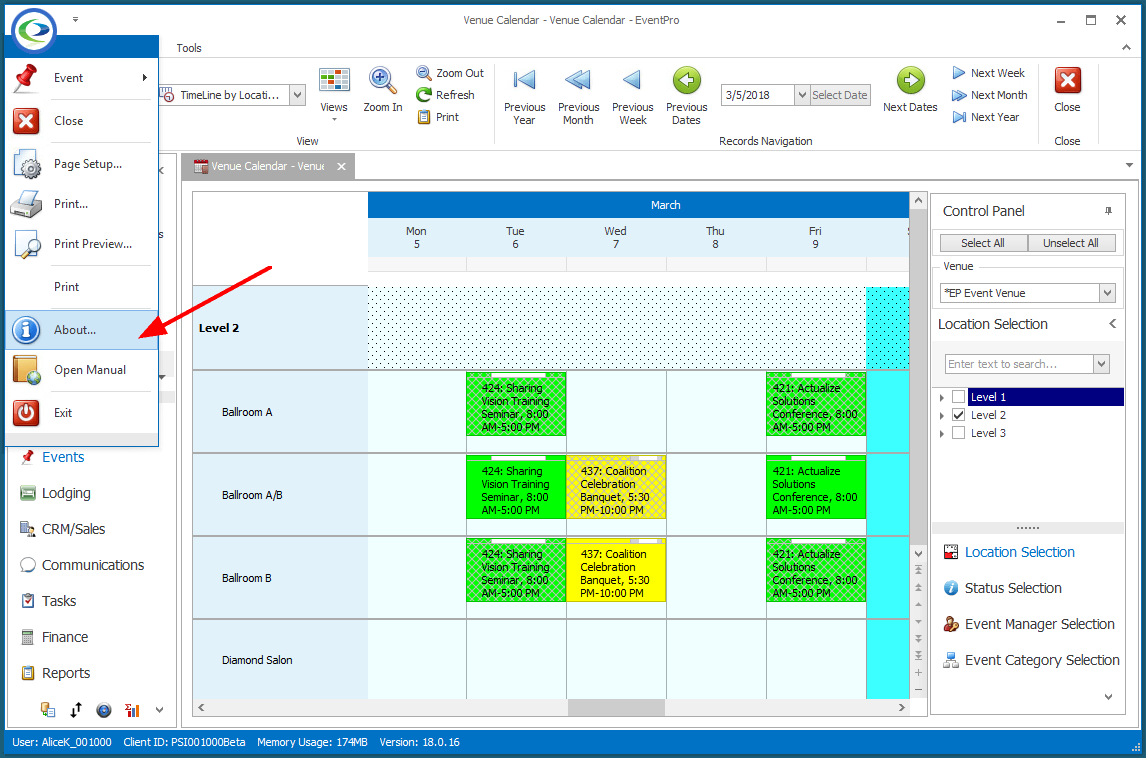Selecting About option in EventPro Button menu