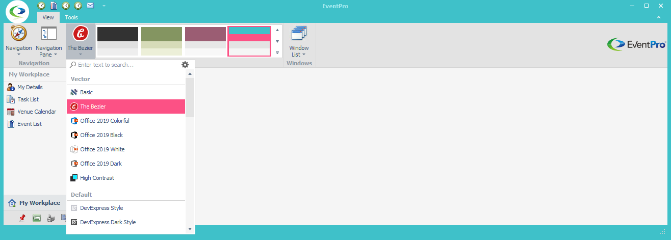 Screenshot showing the open drop-down list of color scheme options under the View tab in the top ribbon. 