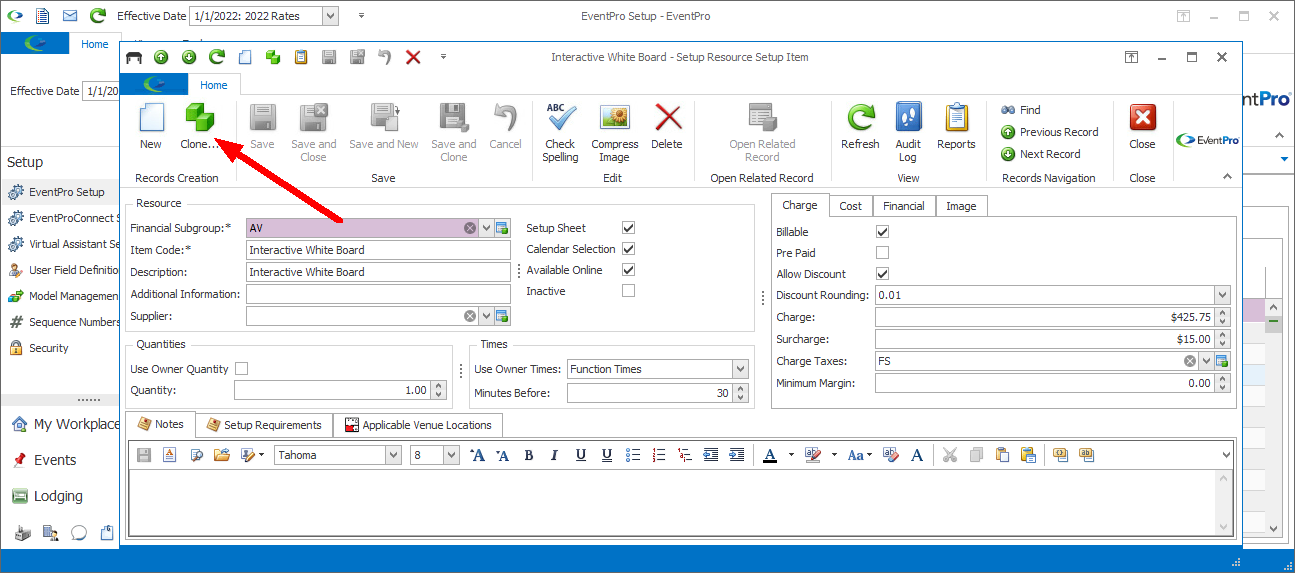 Screenshot of an edit form, with an arrow pointing to the Clone button in the top ribbon. 
