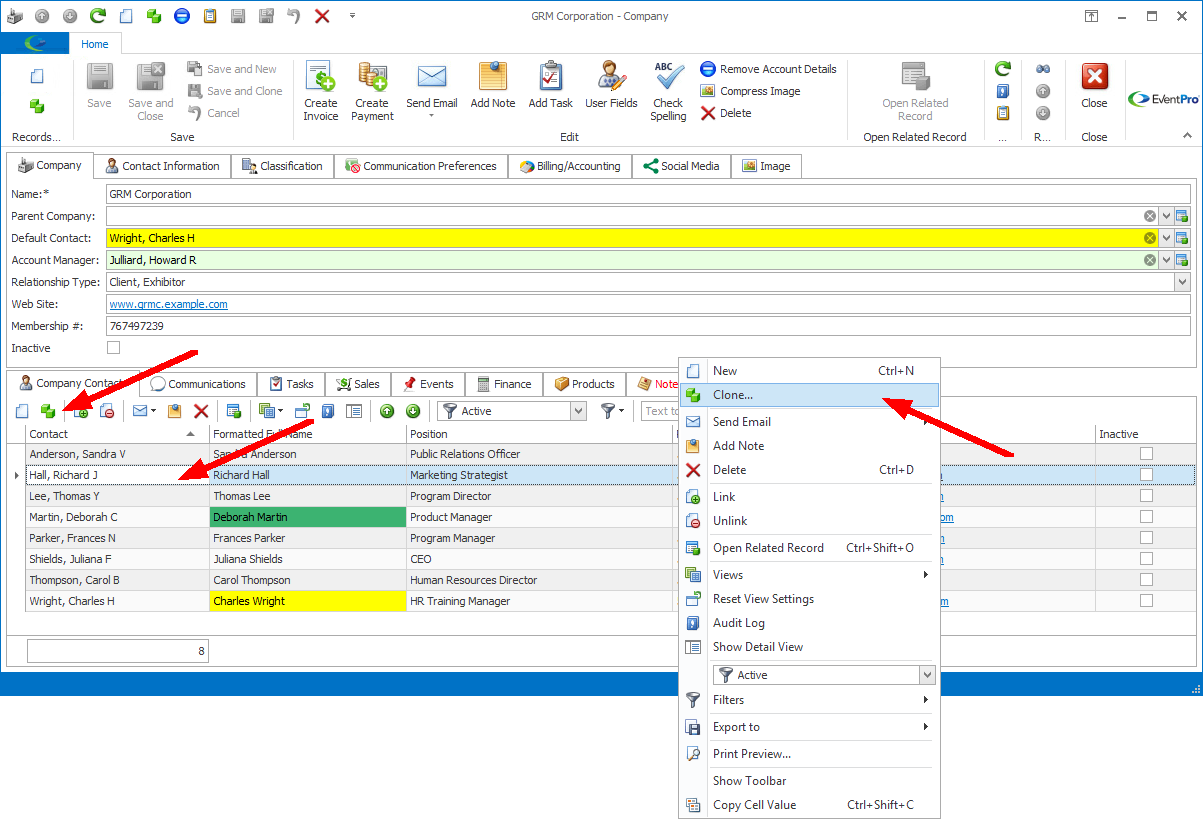 Arrows pointing to a record in a selection grid, as well as the Clone commands in the ribbon and speed menu. 
