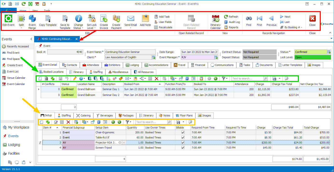 Event, Booked Locations, and Setup commands in the Event Screen