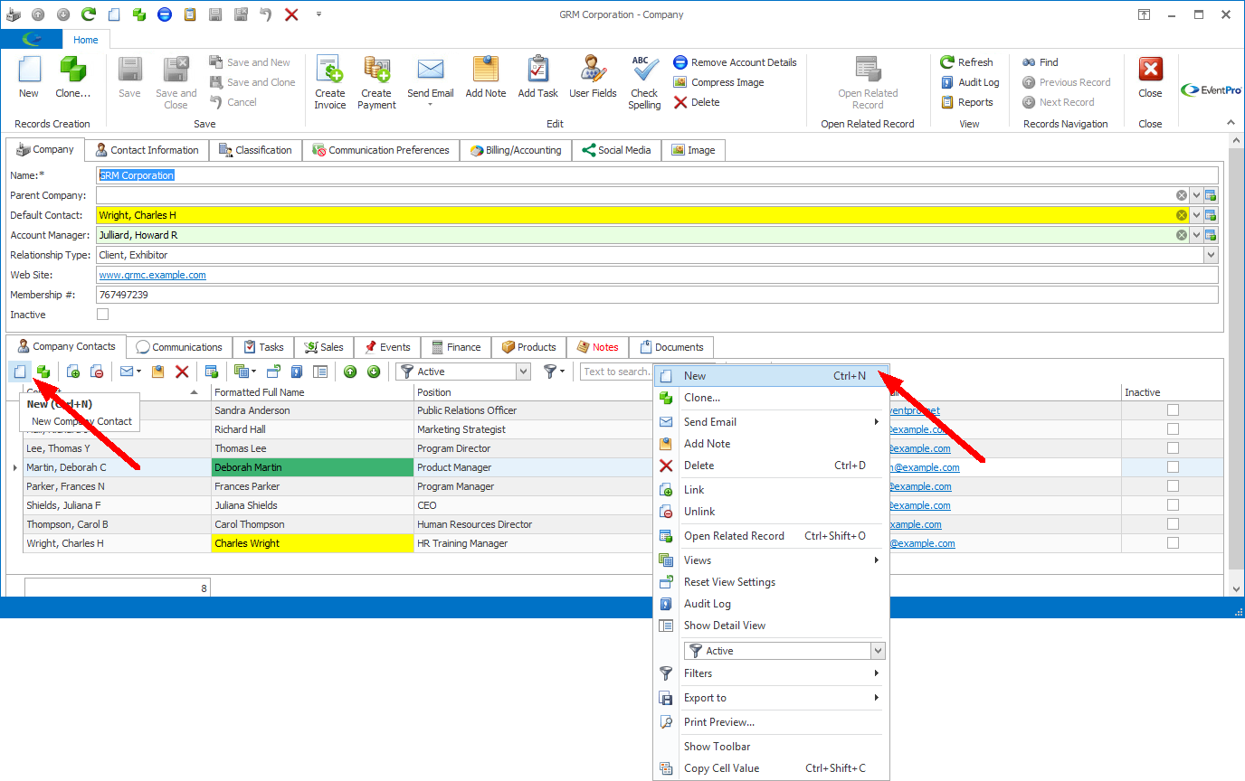 New commands under Company Contacts tab in Company edit form
