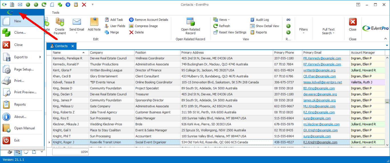 New command in EventPro Logo menu in Contact List screen