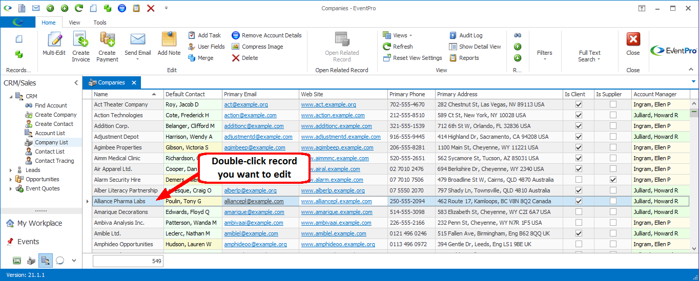 Screenshot of Company List selection grid