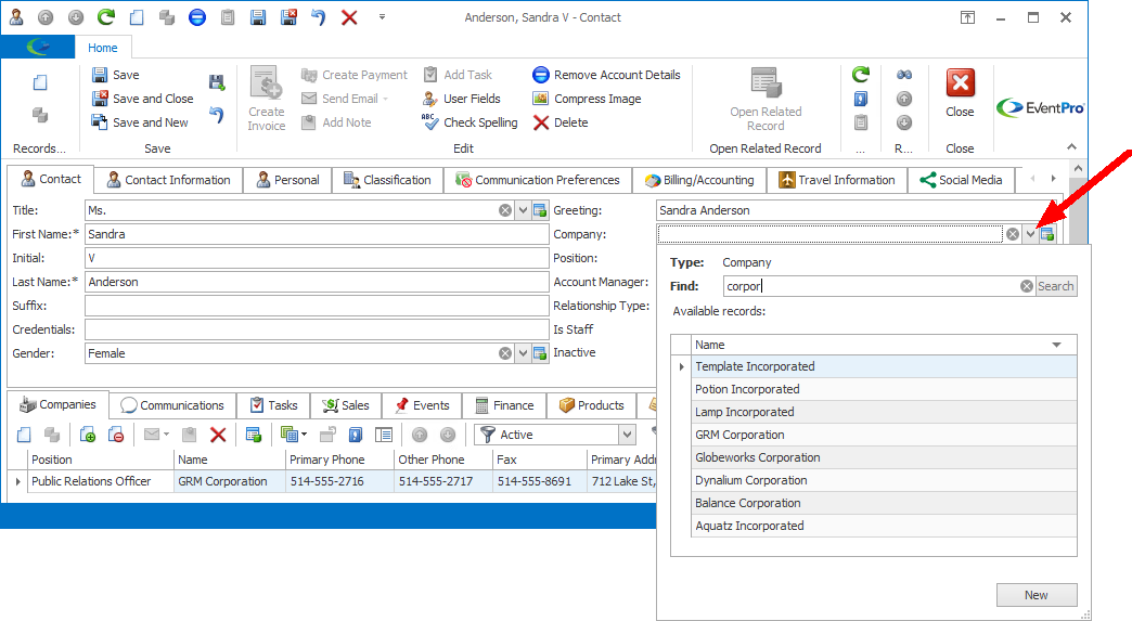 Screenshot of Contact edit form, pointing to Find panel in Company drop-down