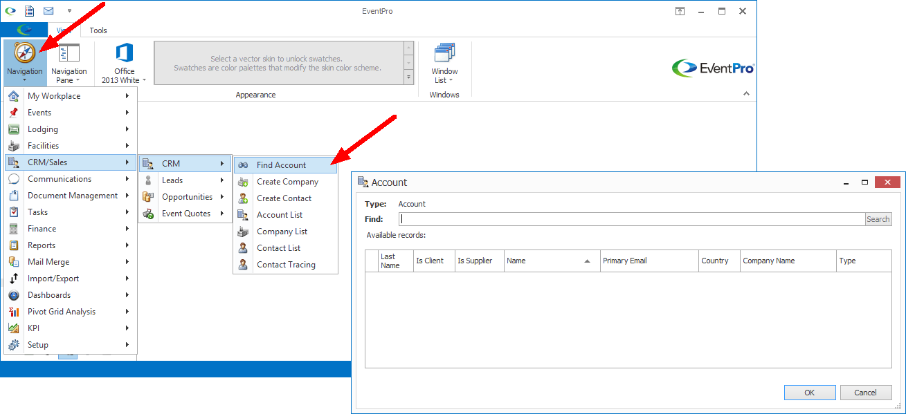Screenshot of Find Account command from Navigation Menu