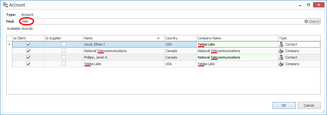 Screenshot of Find dialog, demonstrating search function