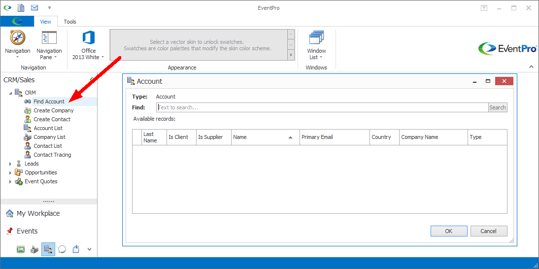 Screenshot of Find Account command in Navigation Panel