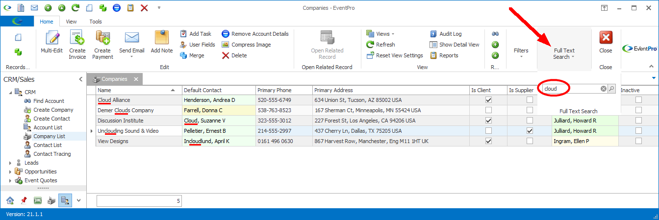 Screenshot of Company List, demonstrating Full Search Text with hidden email column