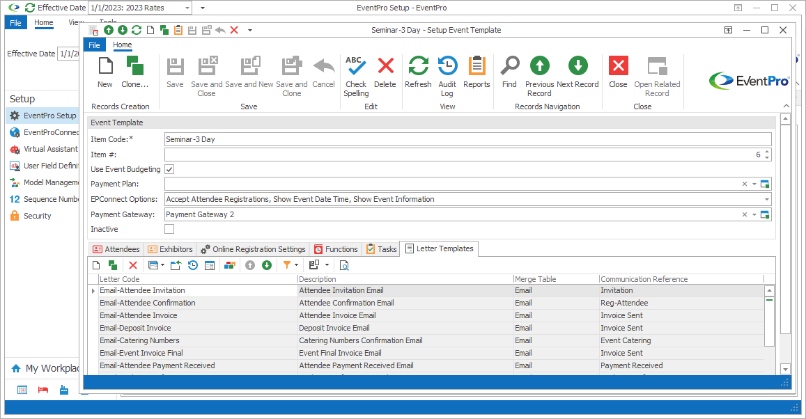 Screenshot of Setup Event Template edit form opened to Letter Templates tab. 