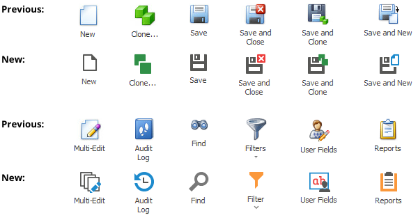 Comparison of Previous and New Icons for Common Commands throughout EventPro