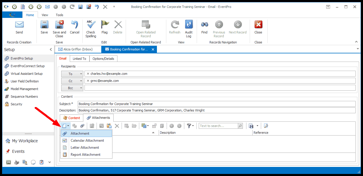 Screenshot of email edit form, pointing to attachment type drop-down list. 