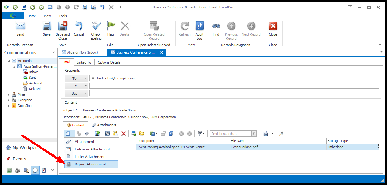 Screenshot of email edit form, pointing to attachment type drop-down list. 