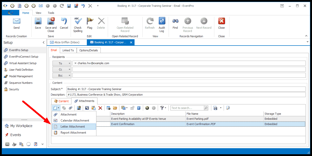 Screenshot of email edit form, pointing to attachment type drop-down list. 