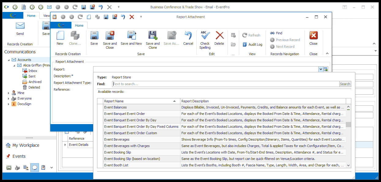 Screenshot of email Report Attachment edit form, displaying Report drop-down list. 