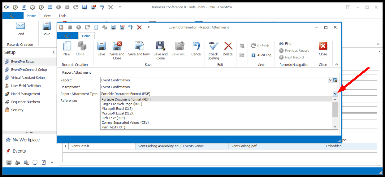 Screenshot of email Report Attachment edit form, selecting attachment type from drop-down list. 