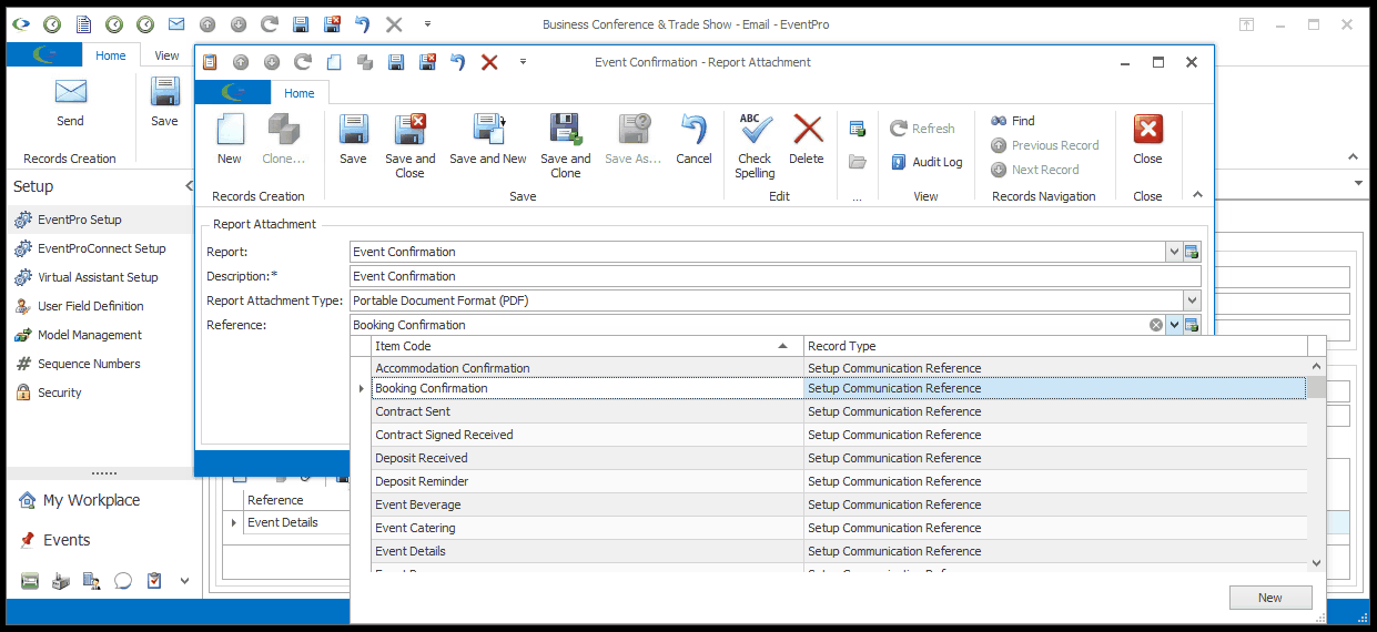 Screenshot of email Report Attachment edit form, selecting Reference from drop-down list. 