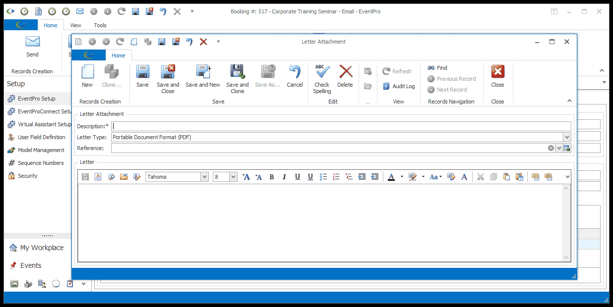 Screenshot of Letter Attachment edit form, opened from Email Attachments tab. 