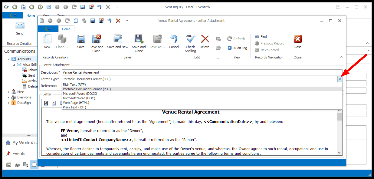 Screenshot of email Letter Attachment edit form, displaying Letter Type drop-down list. 