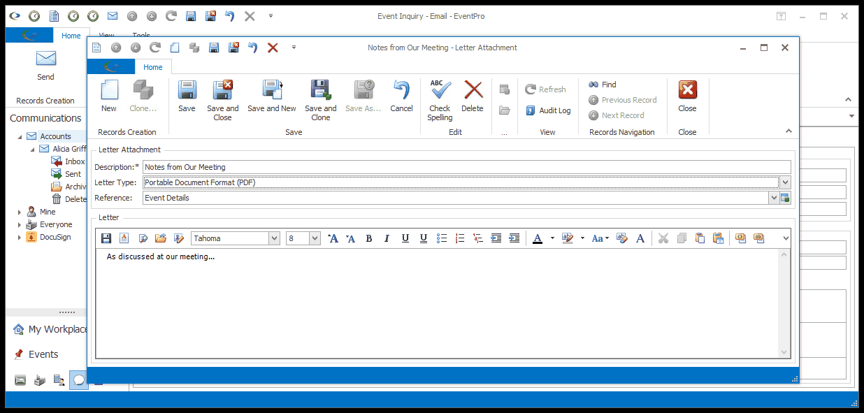 Screenshot of email Letter Attachment edit form, with text in the Letter content area. 
