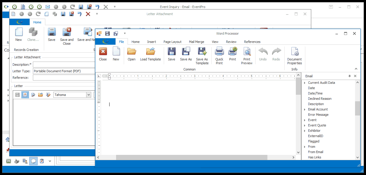 Screenshot of Word Processor opened from email Letter Attachment edit form. 