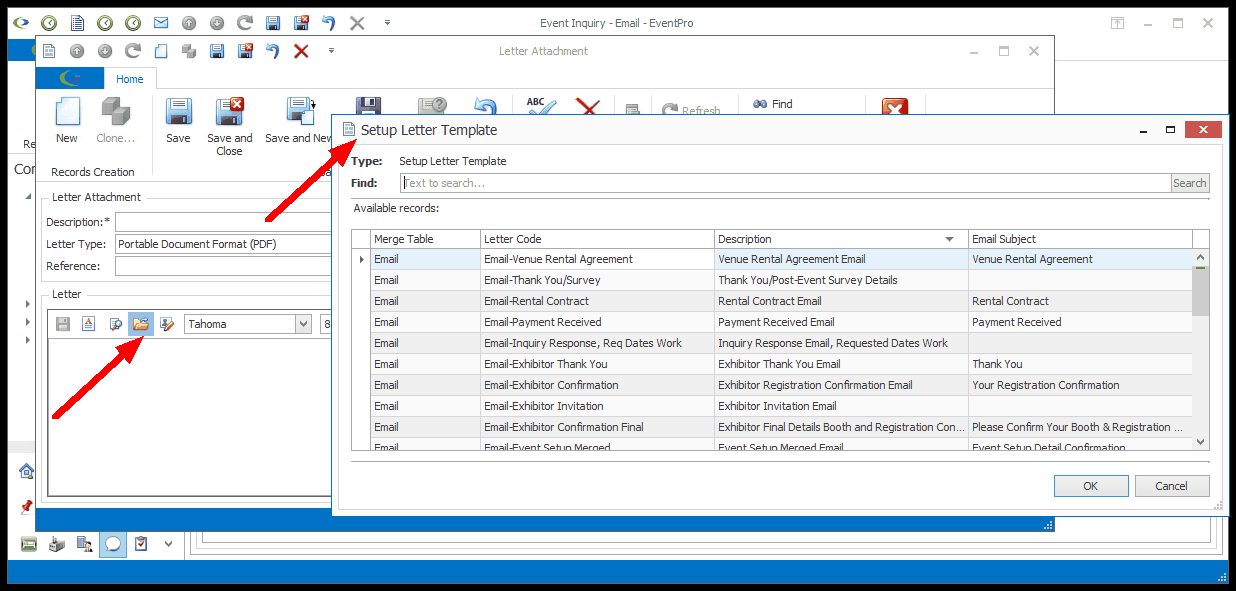 Screenshot of Setup Letter Template window opened from Letter Attachment edit form. 