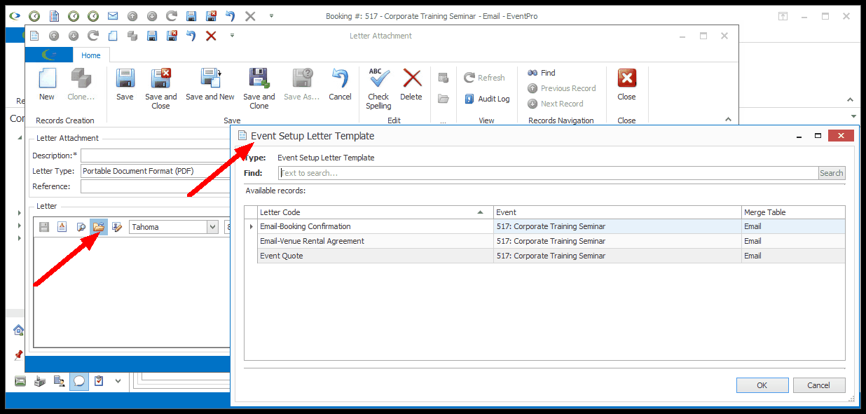 Screenshot of Event Setup Letter Template window opened from Letter Attachment edit form. 